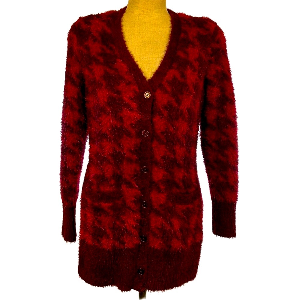 Fuzzy Red Houndstooth Cardigan Sweater, teddy bear soft, XS, crimson red & wine